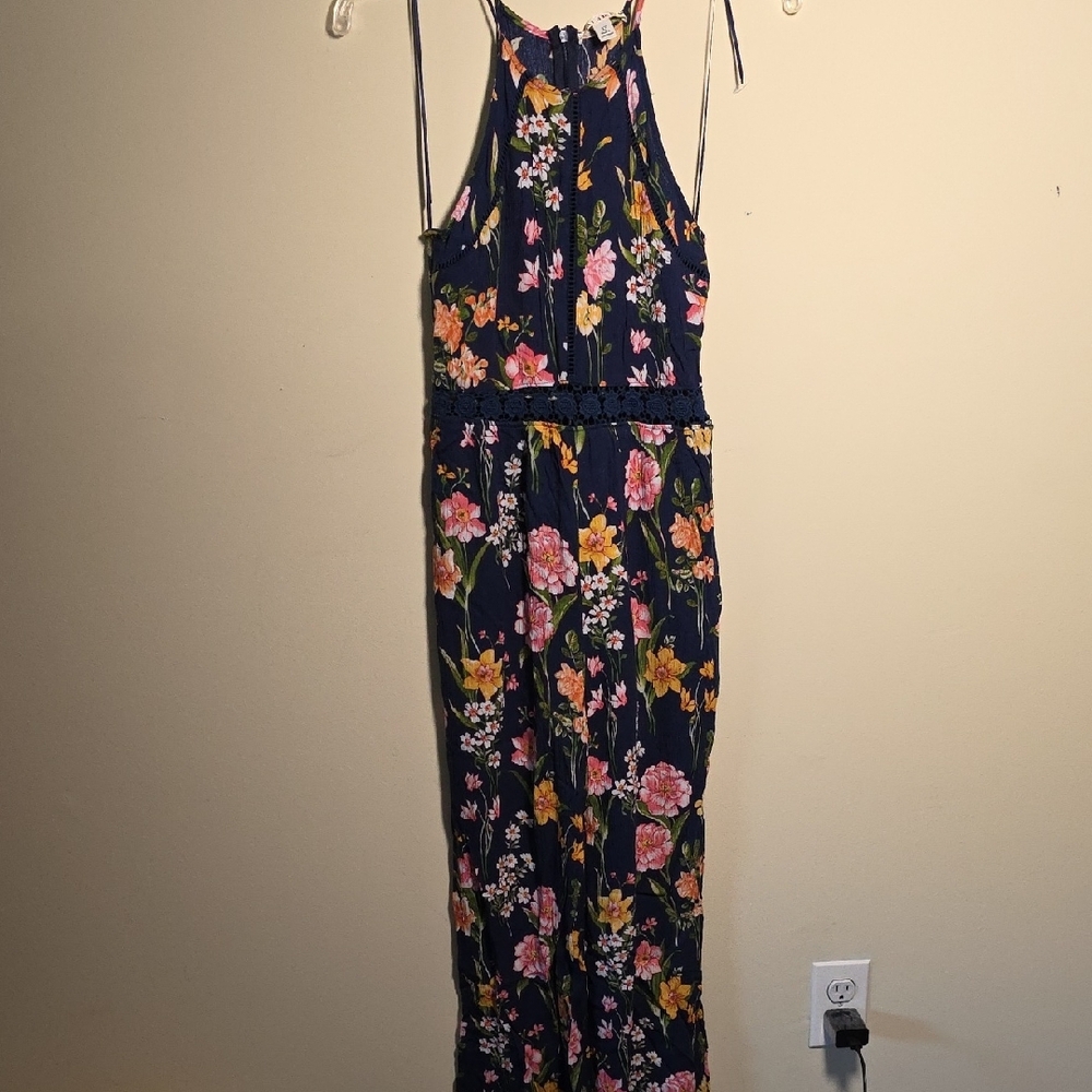 Miami Blue and Pink Floral Jumpsuit High Neck. Cropped Leg.